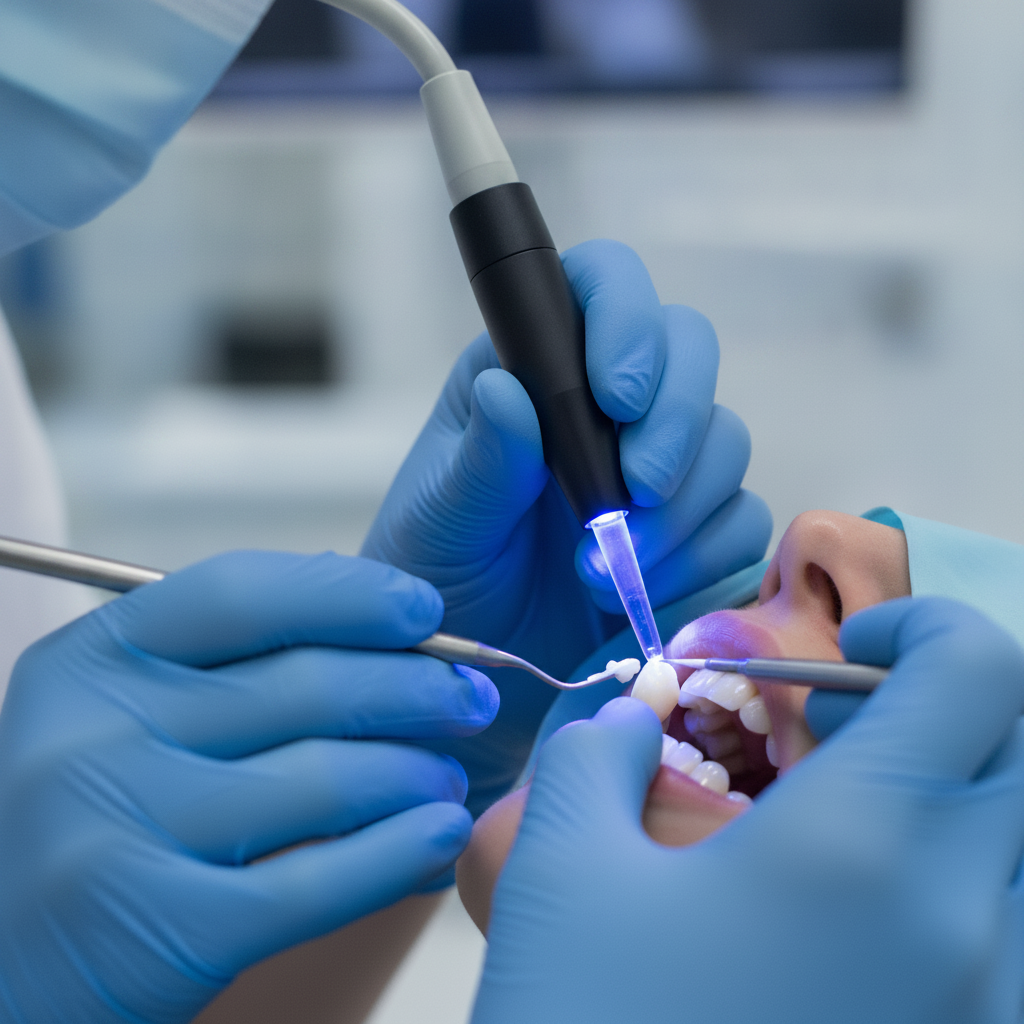 Composite Bonding NZ: A dentist carefully applies and cures composite resin onto a patient's tooth