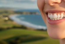 A close-up, photorealistic image of a person's healthy, bright, and naturally aligned teeth, showcasing a radiant smile. The background is a soft, out-of-focus New Zealand landscape with green hills and a blue sky, subtly connecting the dental procedure to its local context. The image highlights the aesthetic results of composite bonding.