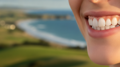 A close-up, photorealistic image of a person's healthy, bright, and naturally aligned teeth, showcasing a radiant smile. The background is a soft, out-of-focus New Zealand landscape with green hills and a blue sky, subtly connecting the dental procedure to its local context. The image highlights the aesthetic results of composite bonding.