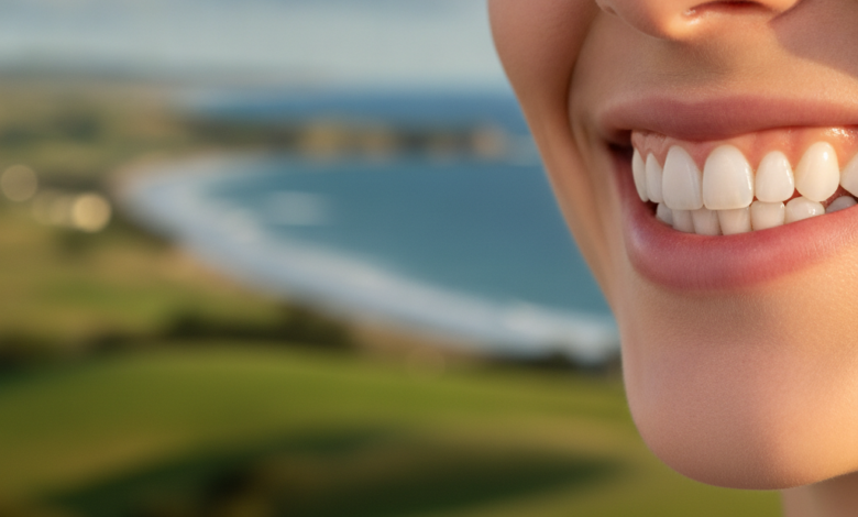 A close-up, photorealistic image of a person's healthy, bright, and naturally aligned teeth, showcasing a radiant smile. The background is a soft, out-of-focus New Zealand landscape with green hills and a blue sky, subtly connecting the dental procedure to its local context. The image highlights the aesthetic results of composite bonding.