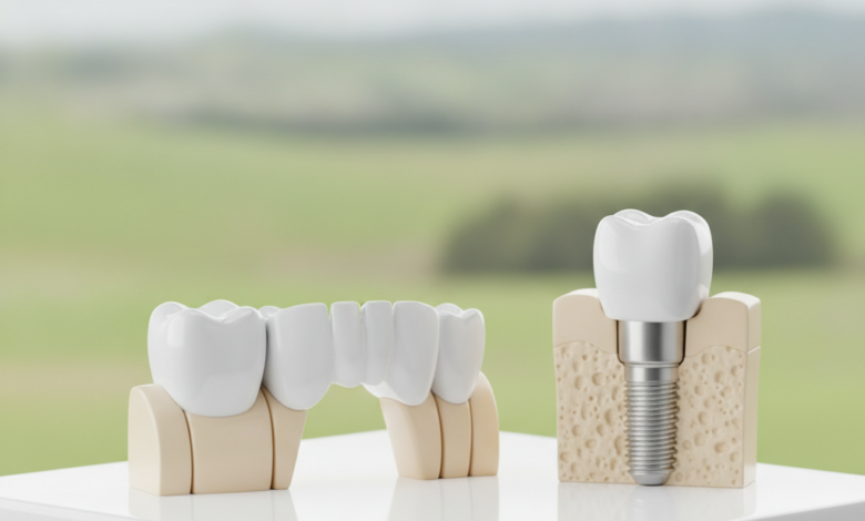 Close-up of two conceptual dental solutions: on the left, three connected white porcelain crowns representing a dental bridge; on the right, a titanium post rooted in bone with a single white porcelain crown representing a dental implant. Both are on a sterile white surface with a blurred New Zealand landscape in the background.