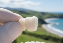 Close-up, photorealistic image of a perfectly sculpted, gleaming white dental crown. The crown appears new and flawless, with soft, bright cinematic lighting highlighting its smooth texture. In the very blurred background, hints of green rolling hills or a distant coastline suggest a serene New Zealand landscape. No text or branding is visible.