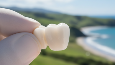 Close-up, photorealistic image of a perfectly sculpted, gleaming white dental crown. The crown appears new and flawless, with soft, bright cinematic lighting highlighting its smooth texture. In the very blurred background, hints of green rolling hills or a distant coastline suggest a serene New Zealand landscape. No text or branding is visible.