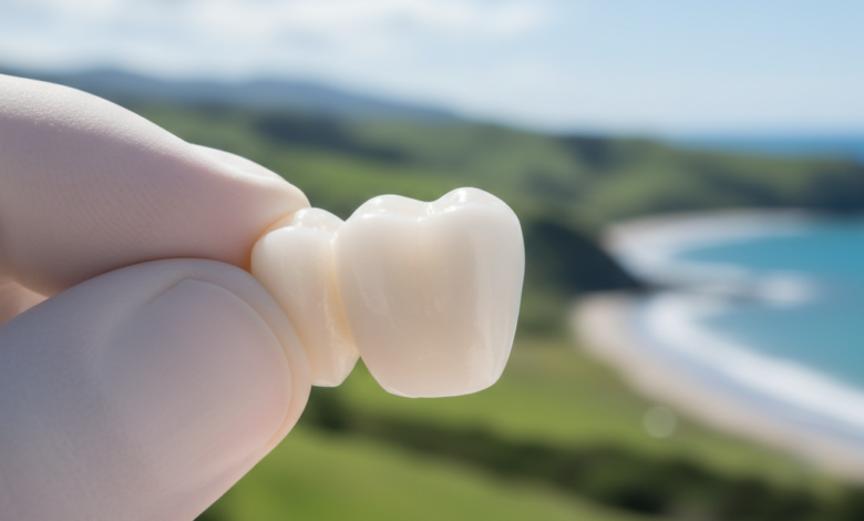 Close-up, photorealistic image of a perfectly sculpted, gleaming white dental crown. The crown appears new and flawless, with soft, bright cinematic lighting highlighting its smooth texture. In the very blurred background, hints of green rolling hills or a distant coastline suggest a serene New Zealand landscape. No text or branding is visible.