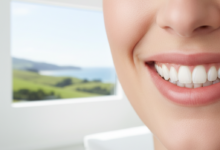 A close-up of a person with a bright, healthy, and confident smile, representing the successful outcome of full mouth restoration, with a softly blurred, generic New Zealand landscape visible in the distant background.