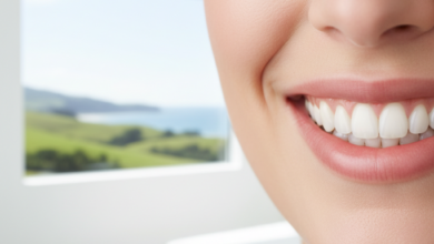 A close-up of a person with a bright, healthy, and confident smile, representing the successful outcome of full mouth restoration, with a softly blurred, generic New Zealand landscape visible in the distant background.
