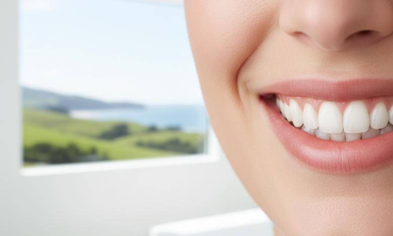 A close-up of a person with a bright, healthy, and confident smile, representing the successful outcome of full mouth restoration, with a softly blurred, generic New Zealand landscape visible in the distant background.