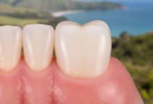 Close-up photorealistic image of healthy pink gums firmly protecting a clean white tooth, set against a softly blurred, serene natural landscape suggestive of New Zealand's tranquil environment.
