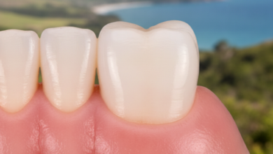 Close-up photorealistic image of healthy pink gums firmly protecting a clean white tooth, set against a softly blurred, serene natural landscape suggestive of New Zealand's tranquil environment.