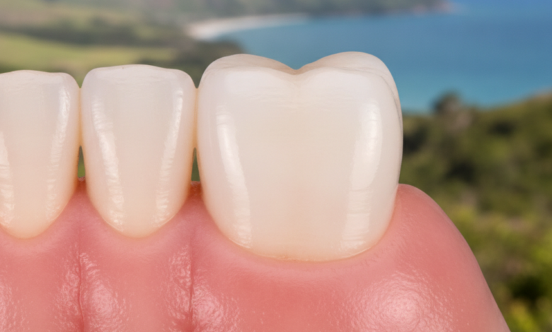 Close-up photorealistic image of healthy pink gums firmly protecting a clean white tooth, set against a softly blurred, serene natural landscape suggestive of New Zealand's tranquil environment.