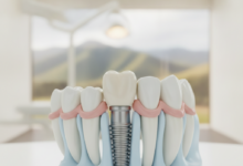 Close-up, ultra-detailed view of a perfectly integrated dental implant with a natural-looking ceramic crown, showing the titanium post fused with a stylized, healthy jawbone and healthy gum tissue. The background is a very softly blurred modern dental clinic, with an extremely indistinct, abstract hint of New Zealand's natural scenery visible through a window. The lighting is clean and bright, emphasizing precision and health.