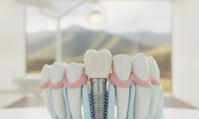Close-up, ultra-detailed view of a perfectly integrated dental implant with a natural-looking ceramic crown, showing the titanium post fused with a stylized, healthy jawbone and healthy gum tissue. The background is a very softly blurred modern dental clinic, with an extremely indistinct, abstract hint of New Zealand's natural scenery visible through a window. The lighting is clean and bright, emphasizing precision and health.