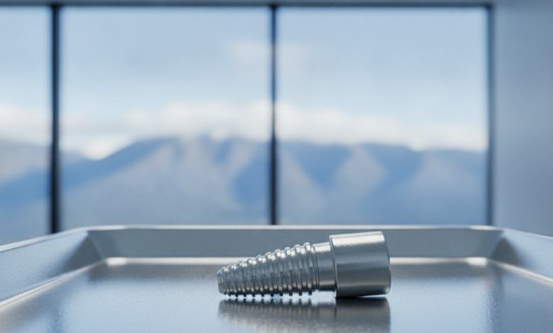 Close-up of a detailed titanium dental implant and abutment on a sterile surface in a modern dental clinic, with a blurred New Zealand landscape visible in the background.