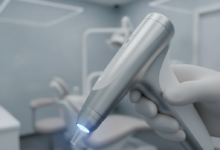 A close-up, photorealistic image of a modern, silver dental laser handpiece, glowing softly at the tip, signifying advanced technology. It is positioned against a softly blurred background of a clean, white, and brightly lit high-tech dental clinic interior, emphasizing precision and sterile care. There is no visible text or branding.