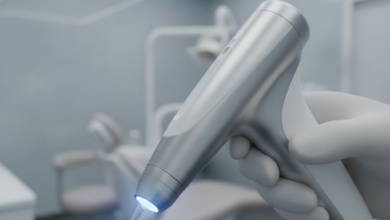 A close-up, photorealistic image of a modern, silver dental laser handpiece, glowing softly at the tip, signifying advanced technology. It is positioned against a softly blurred background of a clean, white, and brightly lit high-tech dental clinic interior, emphasizing precision and sterile care. There is no visible text or branding.