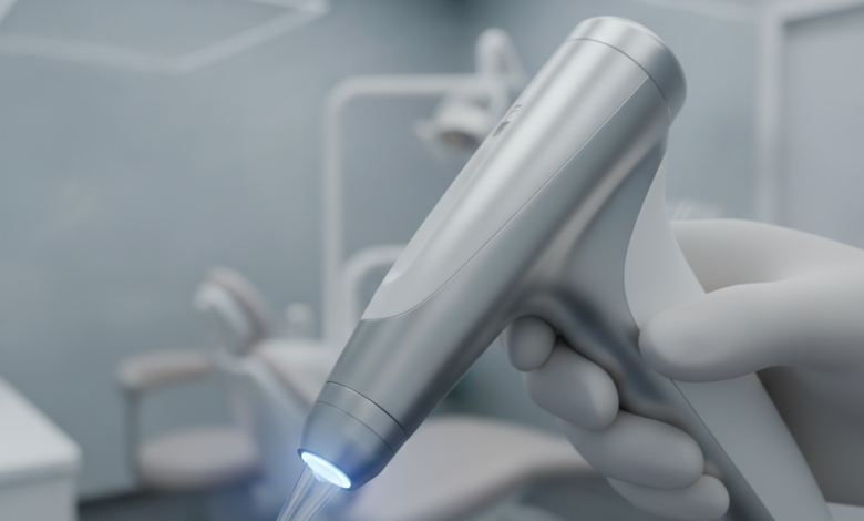 A close-up, photorealistic image of a modern, silver dental laser handpiece, glowing softly at the tip, signifying advanced technology. It is positioned against a softly blurred background of a clean, white, and brightly lit high-tech dental clinic interior, emphasizing precision and sterile care. There is no visible text or branding.