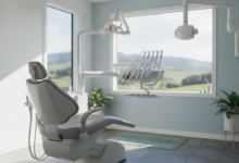 A close-up, photorealistic view of a modern, plush dental chair in a pristine dental examination room. Soft, inviting light fills the space. In the blurred background, advanced dental equipment gleams, signifying high-tech care. Through an out-of-focus window, a subtle, serene natural landscape is visible, suggesting a peaceful environment in New Zealand.