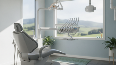 A close-up, photorealistic view of a modern, plush dental chair in a pristine dental examination room. Soft, inviting light fills the space. In the blurred background, advanced dental equipment gleams, signifying high-tech care. Through an out-of-focus window, a subtle, serene natural landscape is visible, suggesting a peaceful environment in New Zealand.