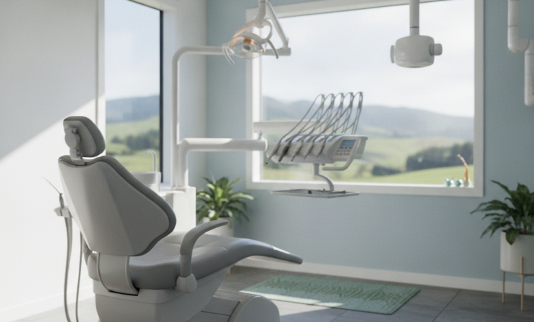 A close-up, photorealistic view of a modern, plush dental chair in a pristine dental examination room. Soft, inviting light fills the space. In the blurred background, advanced dental equipment gleams, signifying high-tech care. Through an out-of-focus window, a subtle, serene natural landscape is visible, suggesting a peaceful environment in New Zealand.