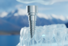 A photorealistic image of a metallic dental implant post being placed into a minimalist jawbone model, emphasizing precision. In the very blurred background, an iconic New Zealand mountain range is visible under a bright sky. The scene is clean, modern, and highlights advanced dental technology. No text or logos are present.