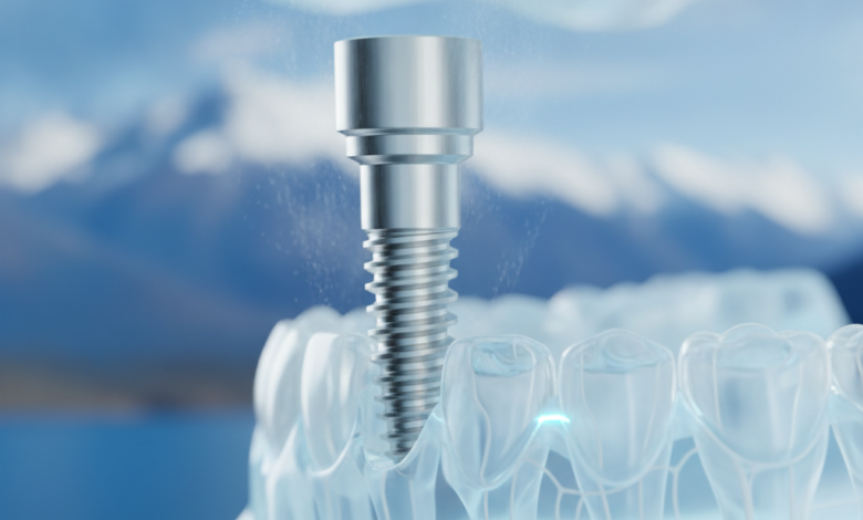 A photorealistic image of a metallic dental implant post being placed into a minimalist jawbone model, emphasizing precision. In the very blurred background, an iconic New Zealand mountain range is visible under a bright sky. The scene is clean, modern, and highlights advanced dental technology. No text or logos are present.