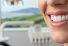 Close-up image of a radiant, naturally white and healthy smile. The focus is on the teeth and lips, set against a softly blurred background hinting at a clean dental clinic and a distant New Zealand landscape.