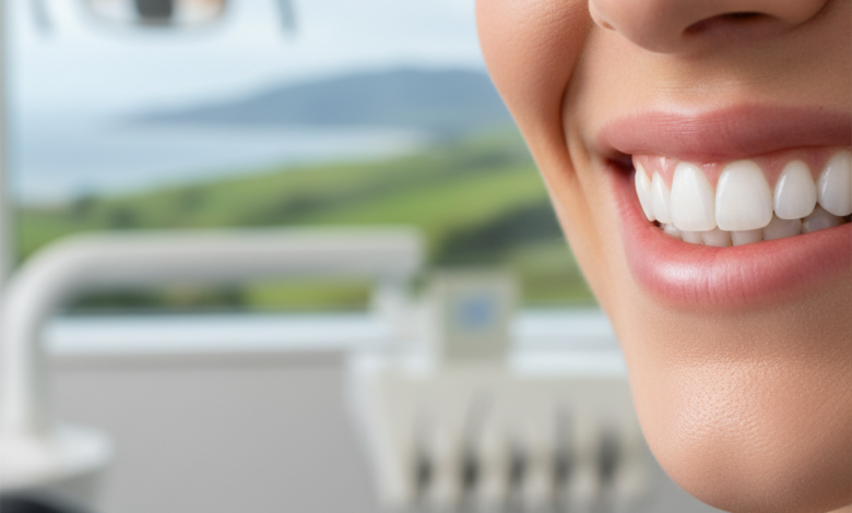 Close-up image of a radiant, naturally white and healthy smile. The focus is on the teeth and lips, set against a softly blurred background hinting at a clean dental clinic and a distant New Zealand landscape.