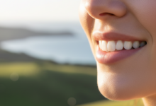 Close-up of a person's confident, healthy smile with bright, natural-looking teeth, set against a softly blurred, sun-drenched New Zealand landscape.