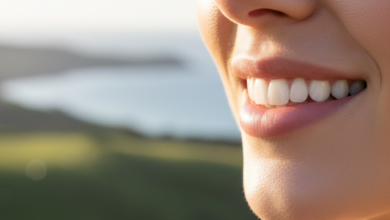 Close-up of a person's confident, healthy smile with bright, natural-looking teeth, set against a softly blurred, sun-drenched New Zealand landscape.