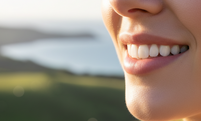 Close-up of a person's confident, healthy smile with bright, natural-looking teeth, set against a softly blurred, sun-drenched New Zealand landscape.