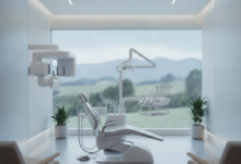 A photorealistic depiction of a pristine, modern dental clinic interior. A high-tech dental chair is central, surrounded by sleek, clean dental equipment under soft, natural lighting. Through a large window in the background, a very blurred, green natural landscape, reminiscent of New Zealand, is visible. The scene conveys comfort, advanced care, and a serene atmosphere, with no visible text.