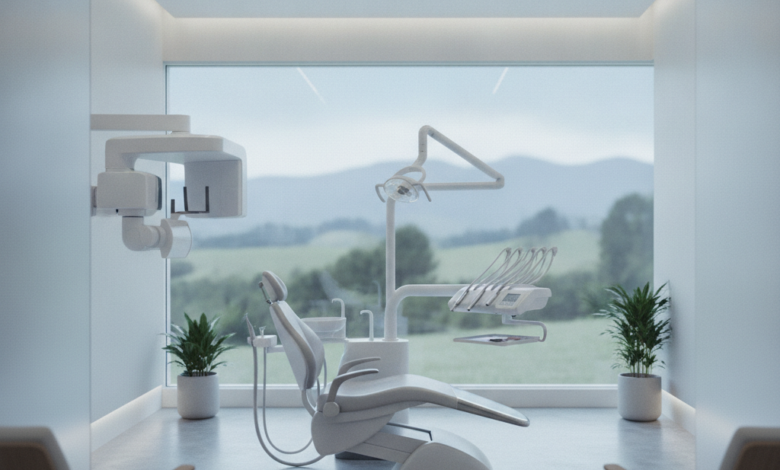 A photorealistic depiction of a pristine, modern dental clinic interior. A high-tech dental chair is central, surrounded by sleek, clean dental equipment under soft, natural lighting. Through a large window in the background, a very blurred, green natural landscape, reminiscent of New Zealand, is visible. The scene conveys comfort, advanced care, and a serene atmosphere, with no visible text.