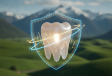 A close-up, stylized, healthy white tooth model glowing softly. Abstract financial graph lines and a subtle protective energy shield are subtly integrated around it. In the background, a serene, blurred landscape of New Zealand featuring green rolling hills and distant mountains under a bright sky.