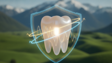 A close-up, stylized, healthy white tooth model glowing softly. Abstract financial graph lines and a subtle protective energy shield are subtly integrated around it. In the background, a serene, blurred landscape of New Zealand featuring green rolling hills and distant mountains under a bright sky.