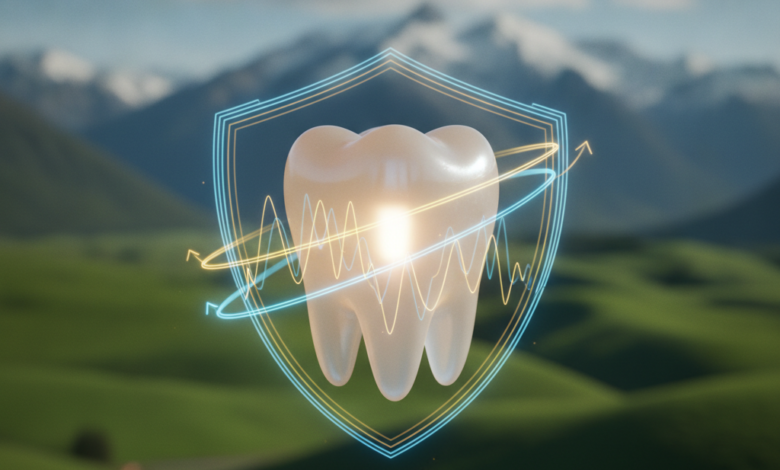 A close-up, stylized, healthy white tooth model glowing softly. Abstract financial graph lines and a subtle protective energy shield are subtly integrated around it. In the background, a serene, blurred landscape of New Zealand featuring green rolling hills and distant mountains under a bright sky.