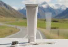A close-up, in-focus view of a modern toothbrush and a tube of toothpaste on a clean, light countertop. In the soft-focus background, iconic New Zealand green hills, a road, and distant snow-capped mountains are visible under a bright sky.
