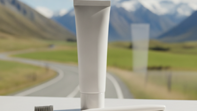 A close-up, in-focus view of a modern toothbrush and a tube of toothpaste on a clean, light countertop. In the soft-focus background, iconic New Zealand green hills, a road, and distant snow-capped mountains are visible under a bright sky.