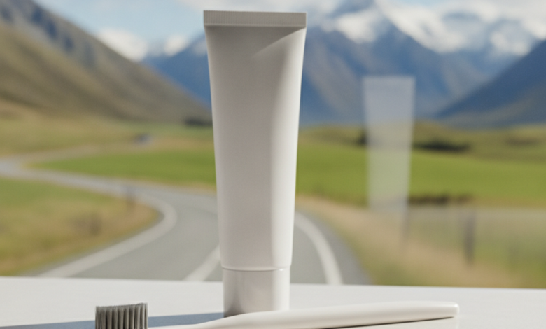A close-up, in-focus view of a modern toothbrush and a tube of toothpaste on a clean, light countertop. In the soft-focus background, iconic New Zealand green hills, a road, and distant snow-capped mountains are visible under a bright sky.
