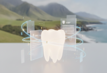 A stylized, pristine dental implant model or a healthy tooth, subtly integrated with abstract financial elements like glowing lines and layered textures, all in sharp focus. In the soft, blurred background, a photorealistic New Zealand landscape of green rolling hills and distant mountains or coastline. No text present.