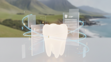 A stylized, pristine dental implant model or a healthy tooth, subtly integrated with abstract financial elements like glowing lines and layered textures, all in sharp focus. In the soft, blurred background, a photorealistic New Zealand landscape of green rolling hills and distant mountains or coastline. No text present.