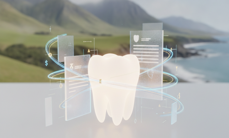 A stylized, pristine dental implant model or a healthy tooth, subtly integrated with abstract financial elements like glowing lines and layered textures, all in sharp focus. In the soft, blurred background, a photorealistic New Zealand landscape of green rolling hills and distant mountains or coastline. No text present.