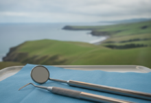 A close-up of sterile dental instruments, including a mirror and probe, resting on a clean blue drape in a professional clinic setting. The background is a blurred, scenic New Zealand landscape with rolling green hills and a distant coastline under a soft sky.