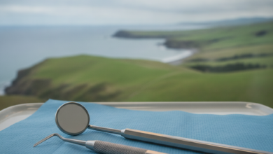 A close-up of sterile dental instruments, including a mirror and probe, resting on a clean blue drape in a professional clinic setting. The background is a blurred, scenic New Zealand landscape with rolling green hills and a distant coastline under a soft sky.