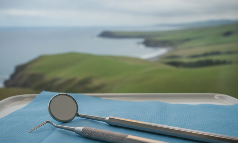 A close-up of sterile dental instruments, including a mirror and probe, resting on a clean blue drape in a professional clinic setting. The background is a blurred, scenic New Zealand landscape with rolling green hills and a distant coastline under a soft sky.