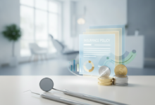 Close-up of sterile dental tools like a mirror and probe resting on a clean surface, with blurred abstract financial graphics, translucent policy layers, and a few polished coins in the background, set within a modern, bright dental office.