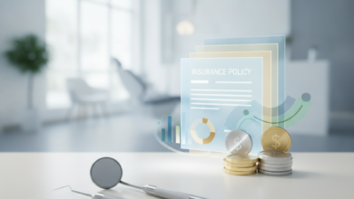 Close-up of sterile dental tools like a mirror and probe resting on a clean surface, with blurred abstract financial graphics, translucent policy layers, and a few polished coins in the background, set within a modern, bright dental office.