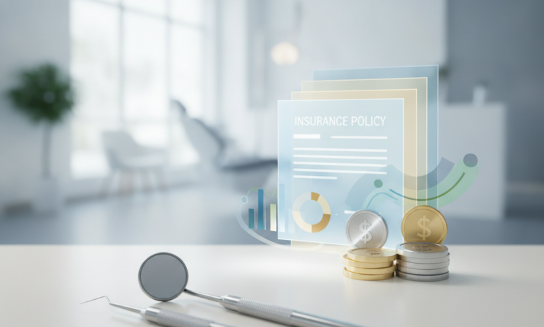 Close-up of sterile dental tools like a mirror and probe resting on a clean surface, with blurred abstract financial graphics, translucent policy layers, and a few polished coins in the background, set within a modern, bright dental office.