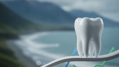 A photorealistic image showing a clean, abstract tooth model balanced on a subtle scale, surrounded by blurred financial symbols like coin shapes and indistinct graph lines, set against a softly blurred background of the majestic New Zealand landscape, conveying the concept of weighing dental care costs and insurance.