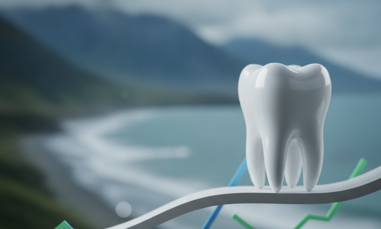 A photorealistic image showing a clean, abstract tooth model balanced on a subtle scale, surrounded by blurred financial symbols like coin shapes and indistinct graph lines, set against a softly blurred background of the majestic New Zealand landscape, conveying the concept of weighing dental care costs and insurance.