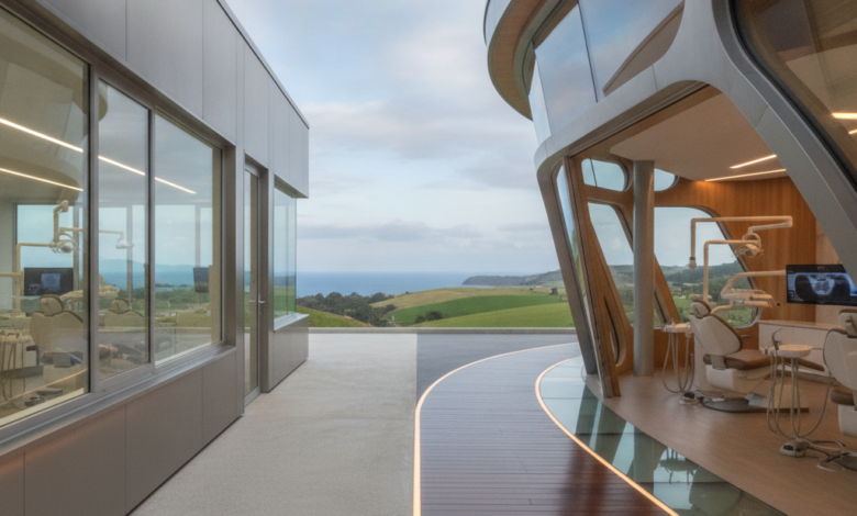A photorealistic conceptual image showing a visual split between two distinct architectural styles, representing the contrast between public and private dental care systems. One side appears minimalist and functional, while the other is modern and technologically advanced, all set against a softly blurred, distant New Zealand landscape.